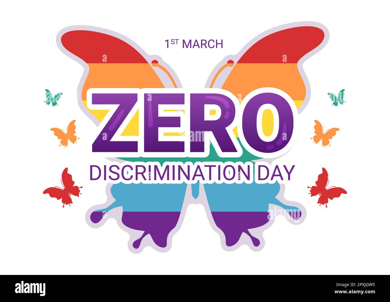 Illustration du jour de discrimination zéro avec différentes personnes et différentes couleurs pour la page d'arrivée dans le modèle de vol papillon dessiné à la main de dessin animé par un dessin animé Banque D'Images