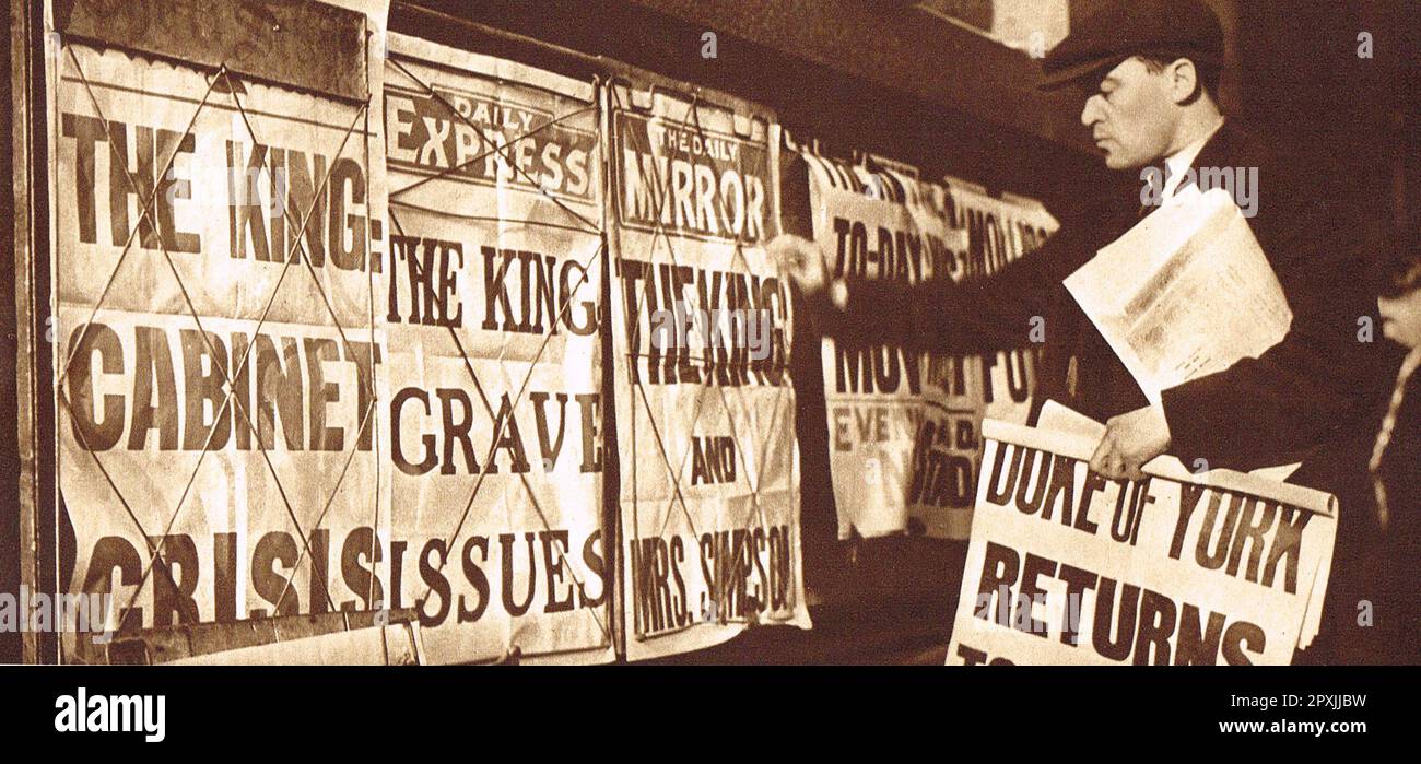Kiosque à journaux avec des affiches de nouvelles couvrant la crise croissante des abdications d'Edward VIII, 3 décembre 1936 Banque D'Images
