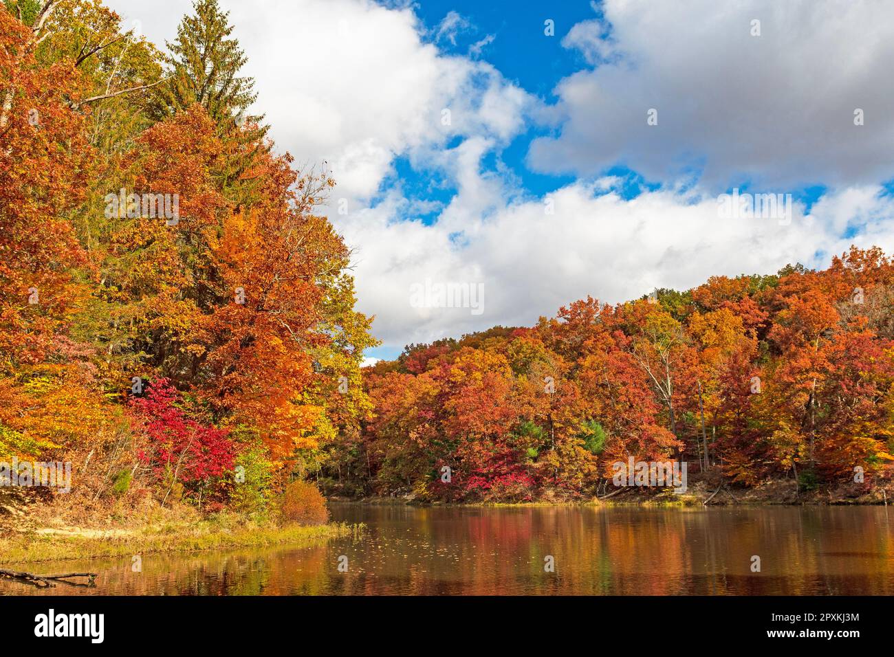 Couleurs d'automne sur un lac tranquille sur le lac Strahl dans le parc national du comté de Brown, dans l'Indiana Banque D'Images