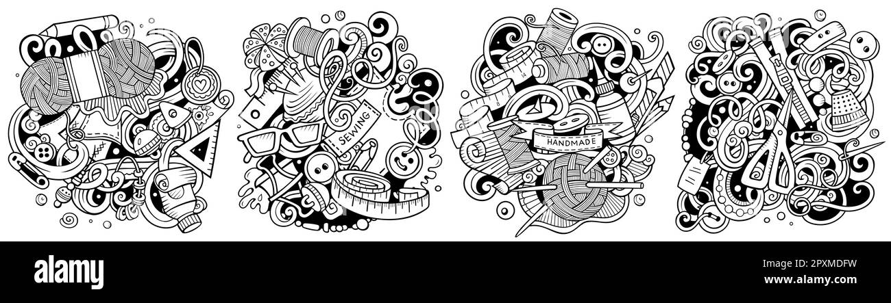Ensemble de motifs de dessin animé faits main. Compositions détaillées et esquissantes avec beaucoup d'objets et de symboles artisanaux Illustration de Vecteur