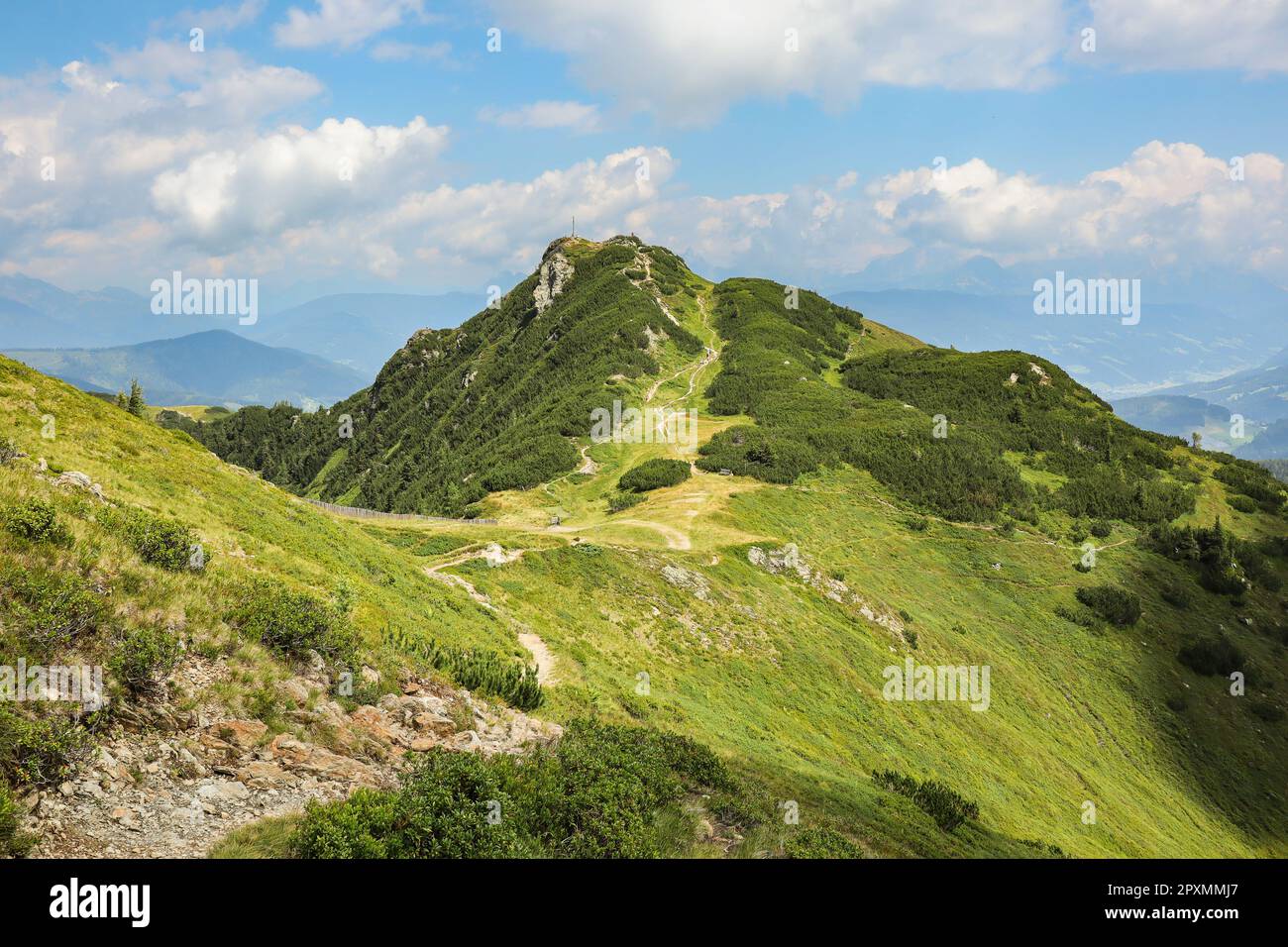 Montagne verte en Autriche. Vue des Alpes sur le paysage de l'herbe à Flachau pendant la journée d'été. Panorama extérieur du paysage européen. Banque D'Images