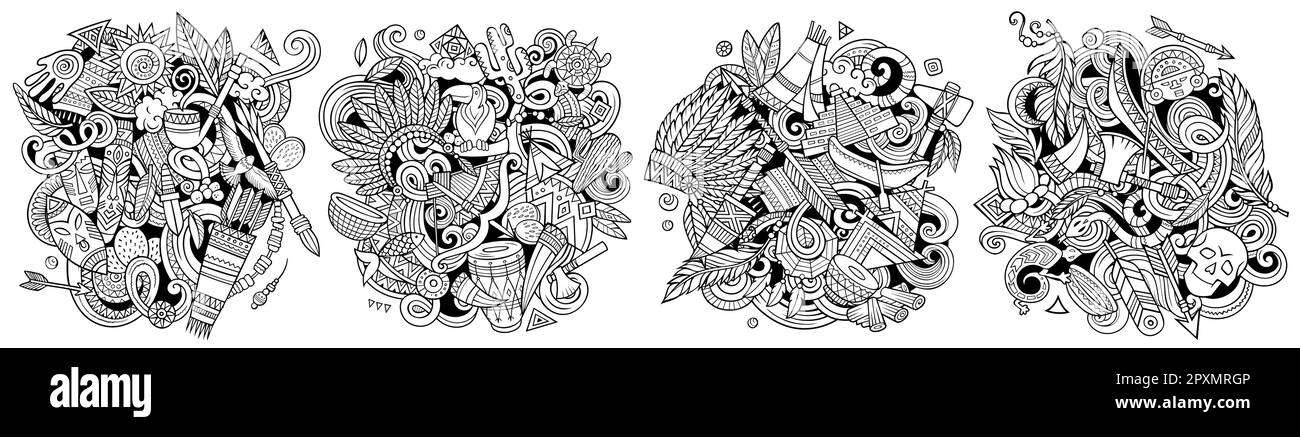 Ensemble de motifs de dessin animé à motif de dessin animé natif américain. Art de ligne compositions détaillées avec beaucoup d'objets ethniques et de symboles. Illustration de Vecteur
