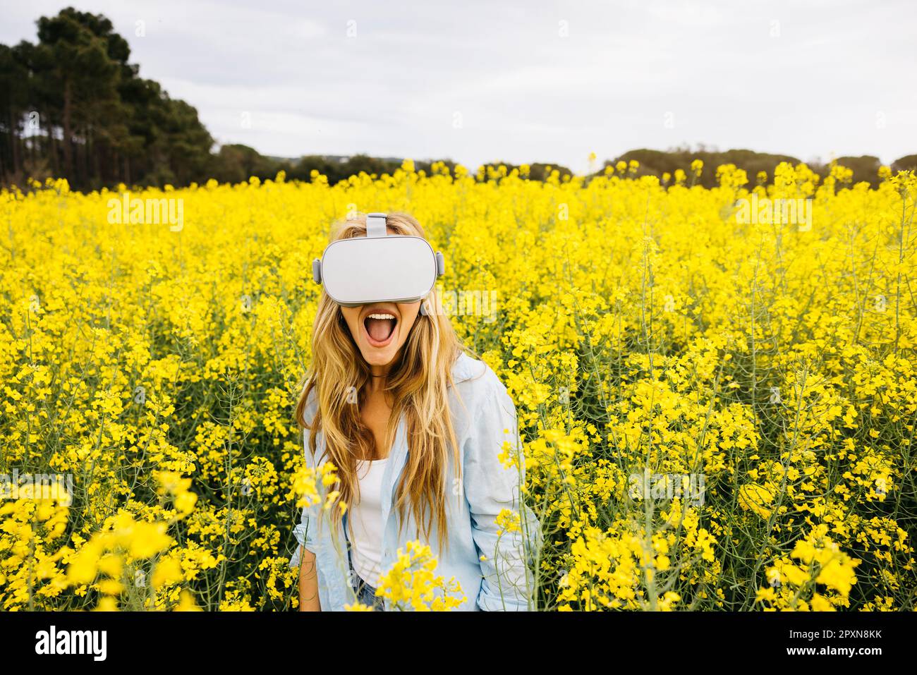 Belle jeune blonde gaie femme, vêtue d'un vitual Reality lunettes, au milieu d'un champ de fleurs de colza jaune Banque D'Images