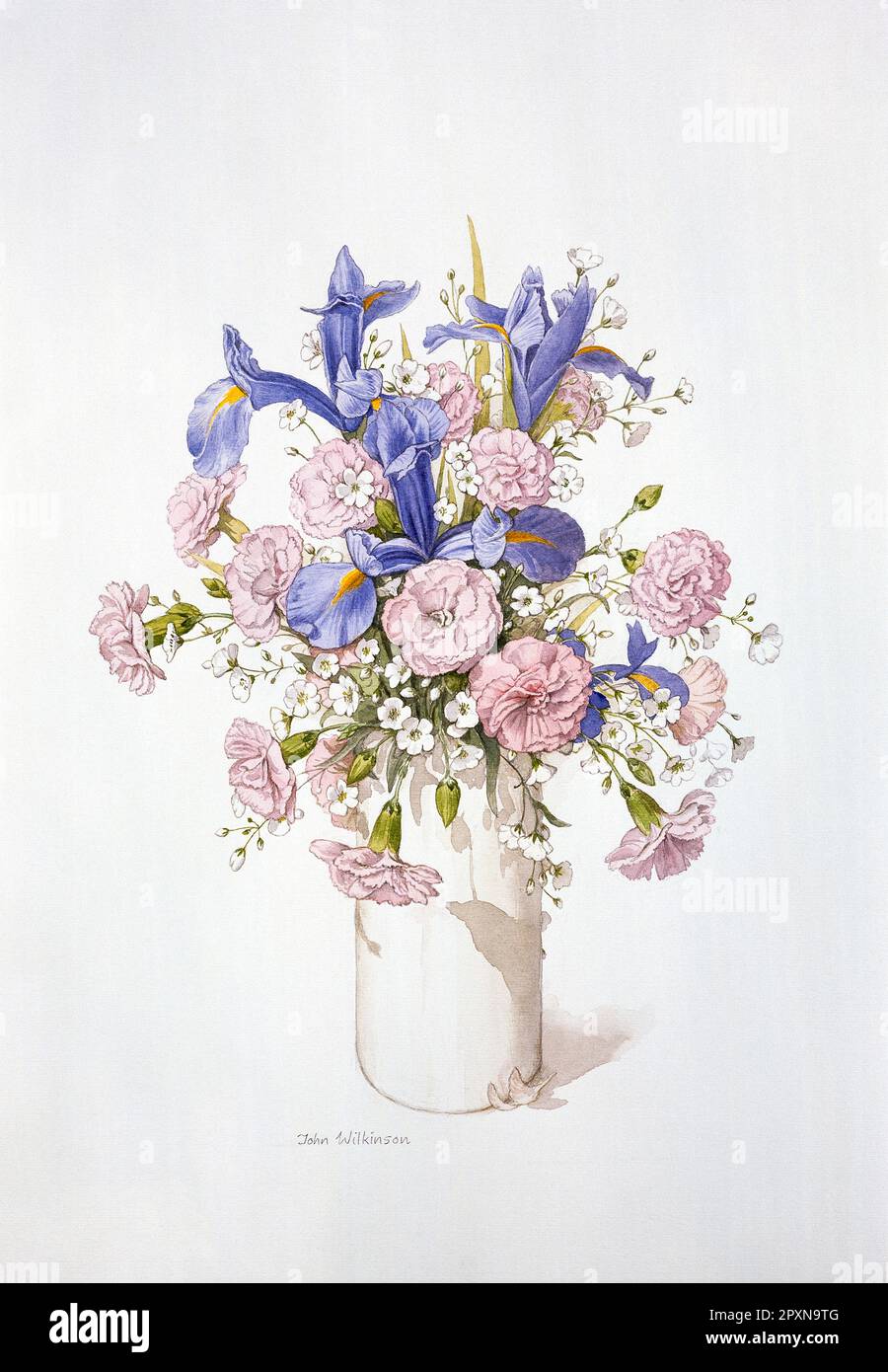 Œuvres d'art. Aquarelle de Lathyrus rose Sweet Pea & Blue Iris Flowers. Banque D'Images