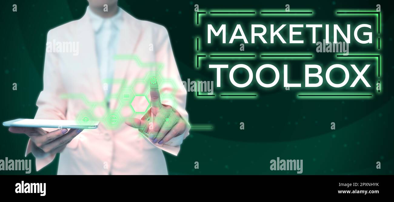 Légende conceptuelle boîte à outils marketing, Word for moyens pour promouvoir un produit ou des services automatisation Banque D'Images