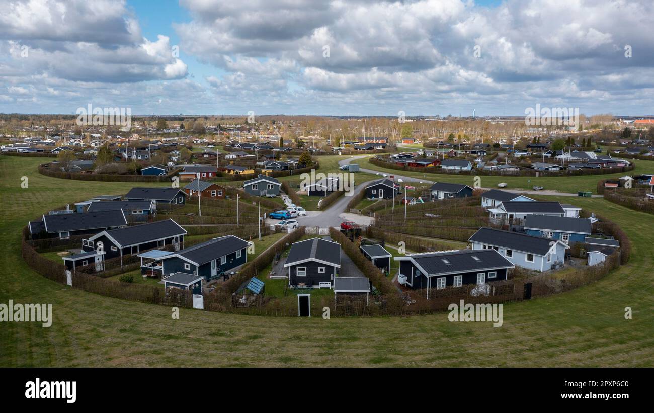 Le complexe de jardin circulaire de Brøndby Haveby. Il a été conçu par l'architecte paysagiste danois Erik Mygind. Banque D'Images