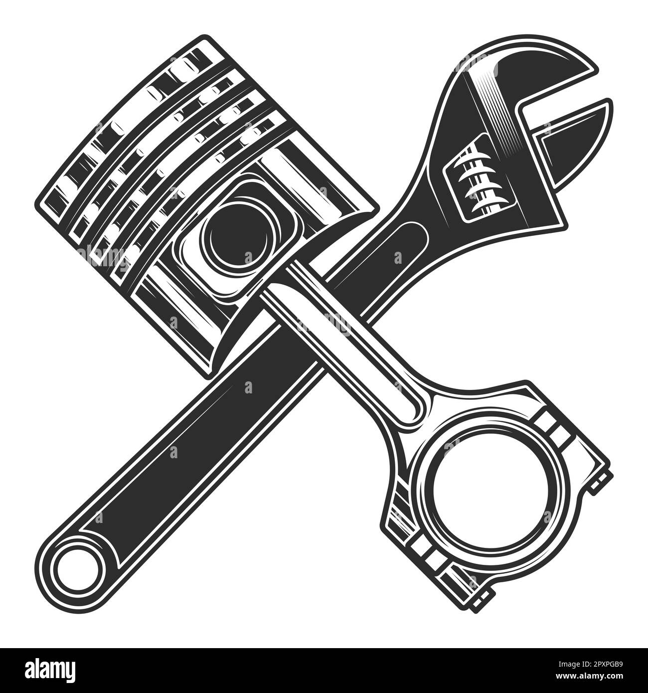 Outil à clé réglable et piston de moteur pour les travaux de réparation de voitures et de camions sur fond blanc illustration monochrome isolée Banque D'Images