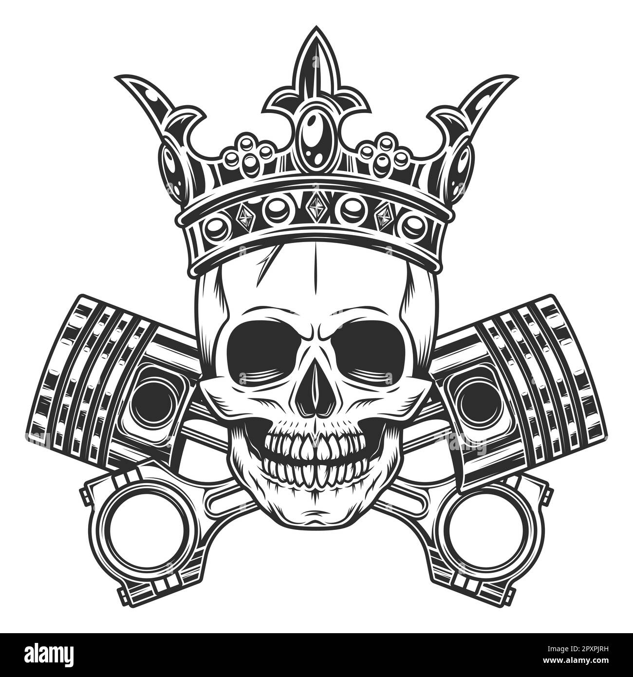 Le crâne de Biker dans la couronne et les pistons de moteur croisés réparation moto, voiture et camion dans l'ancienne monochrome isolé illustration Banque D'Images