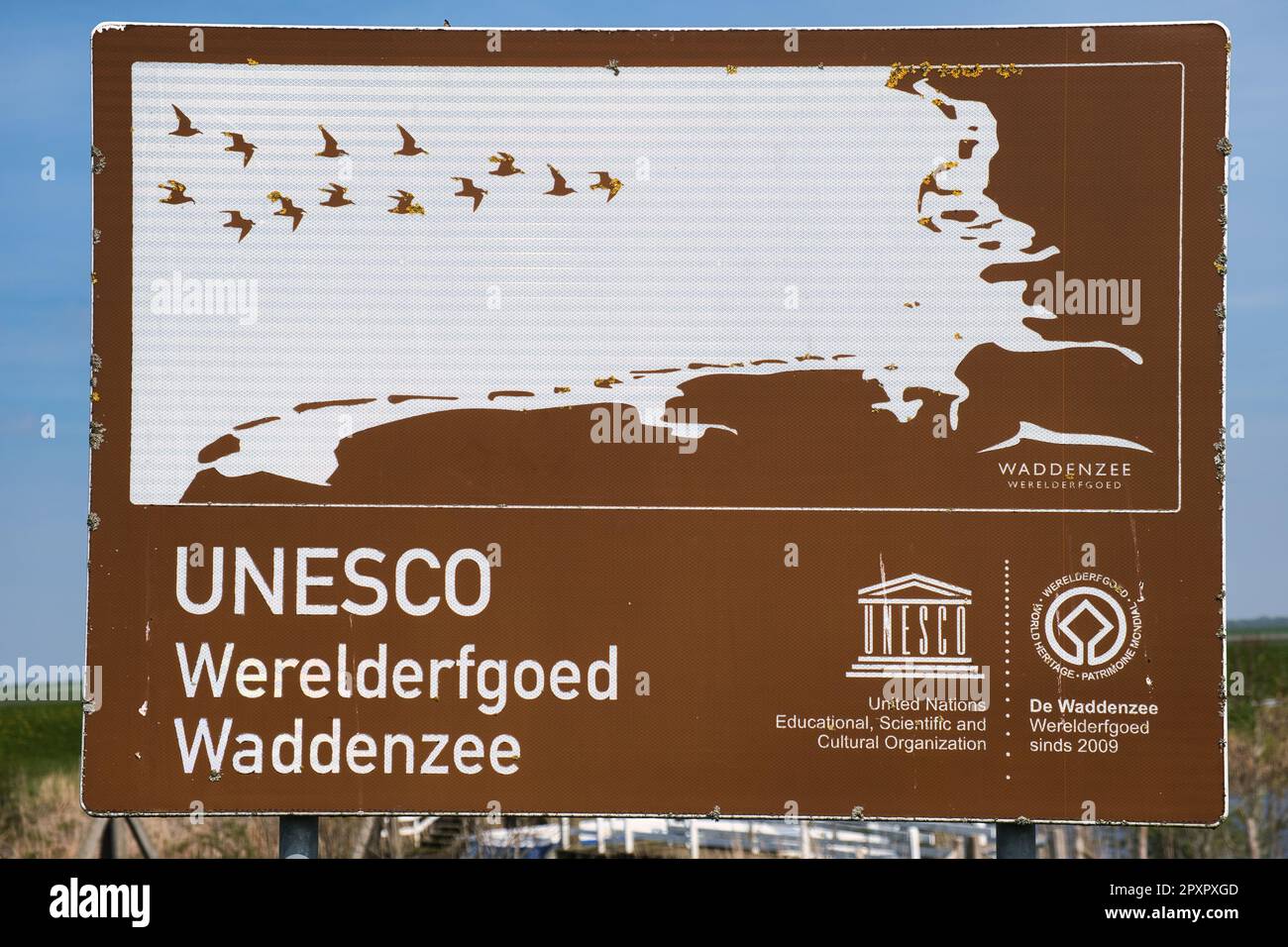 Signe de la région du Waddenzee (mer des Wadden) classée au patrimoine mondial de l'UNESCO dans le nord des pays-Bas et le nord-ouest de l'Allemagne Banque D'Images