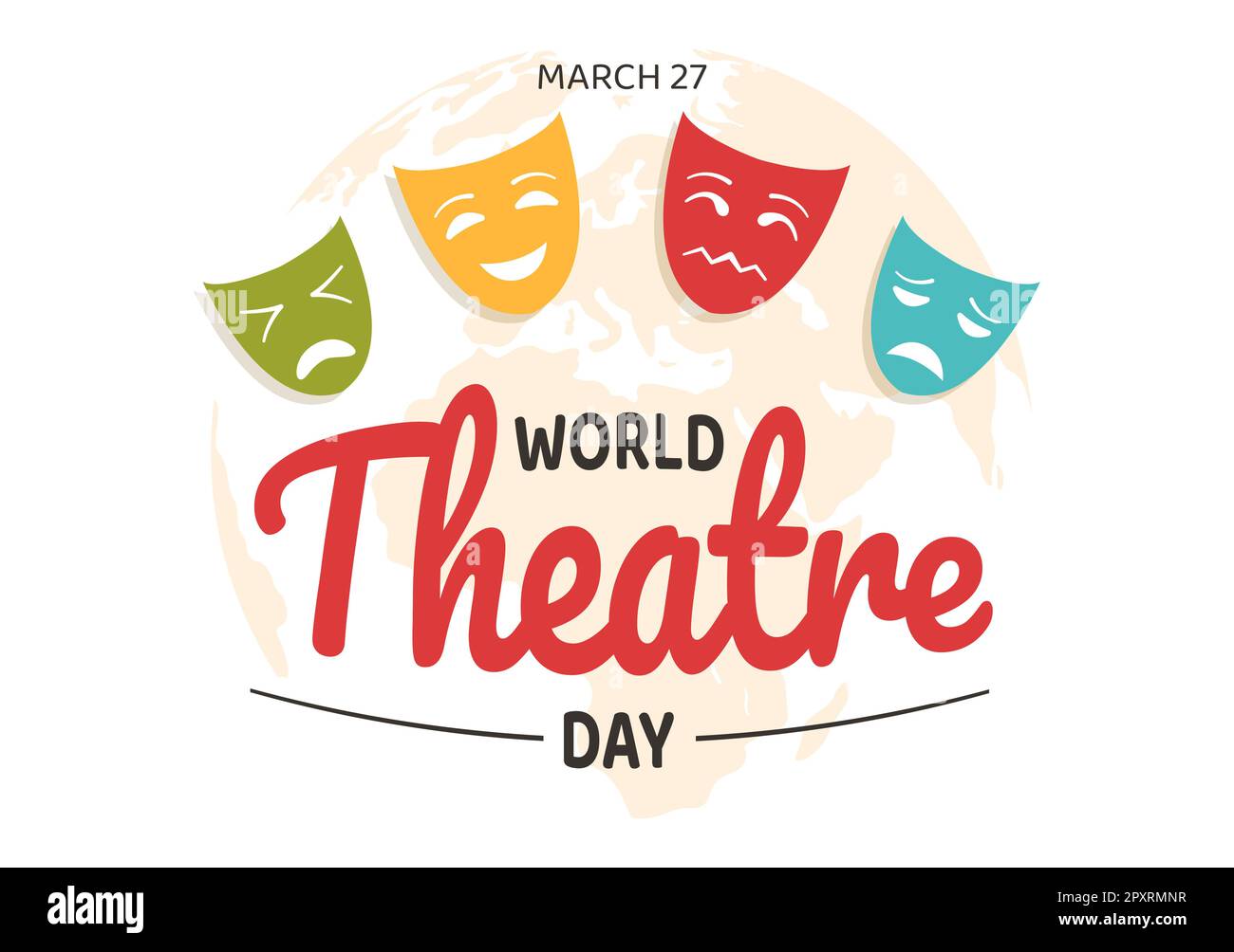 Journée mondiale du théâtre sur l'illustration 27 mars avec masques et pour célébrer le théâtre pour la bannière Web ou la page d'arrivée dans le dessin animé à la main de dessin animé à plat de dessin animé Banque D'Images