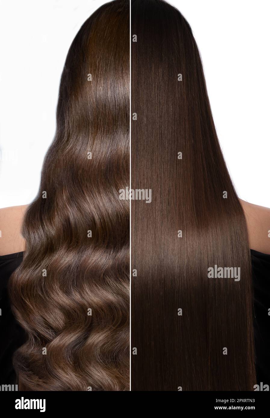 Femme avant après avoir curling ses cheveux. Vue arrière, droite et boucles. Gros plan Banque D'Images