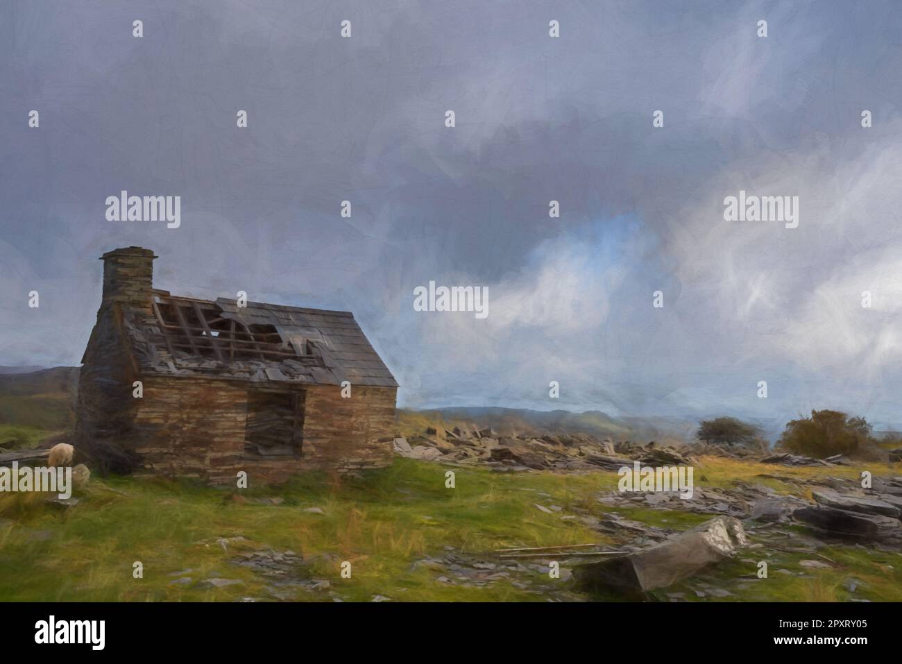 Peinture numérique de la carrière abandonnée de Rhos Slate à Capel Curig, en dessous de Moel Siabod dans le parc national de Snowdonia, au pays de Galles Banque D'Images