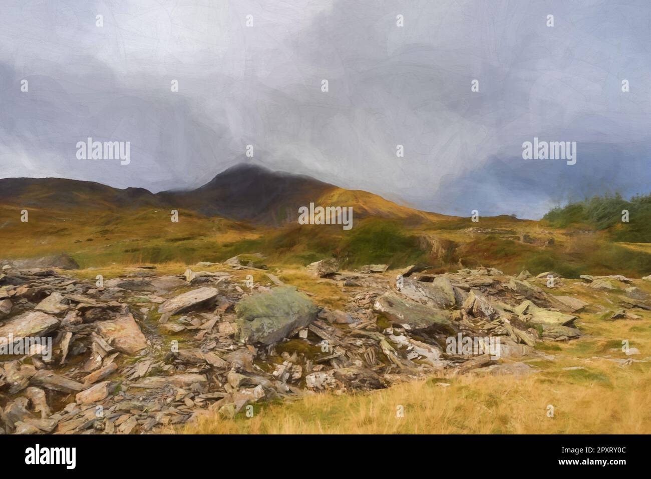 Peinture numérique de la carrière abandonnée de Rhos Slate à Capel Curig, en dessous de Moel Siabod dans le parc national de Snowdonia, au pays de Galles Banque D'Images