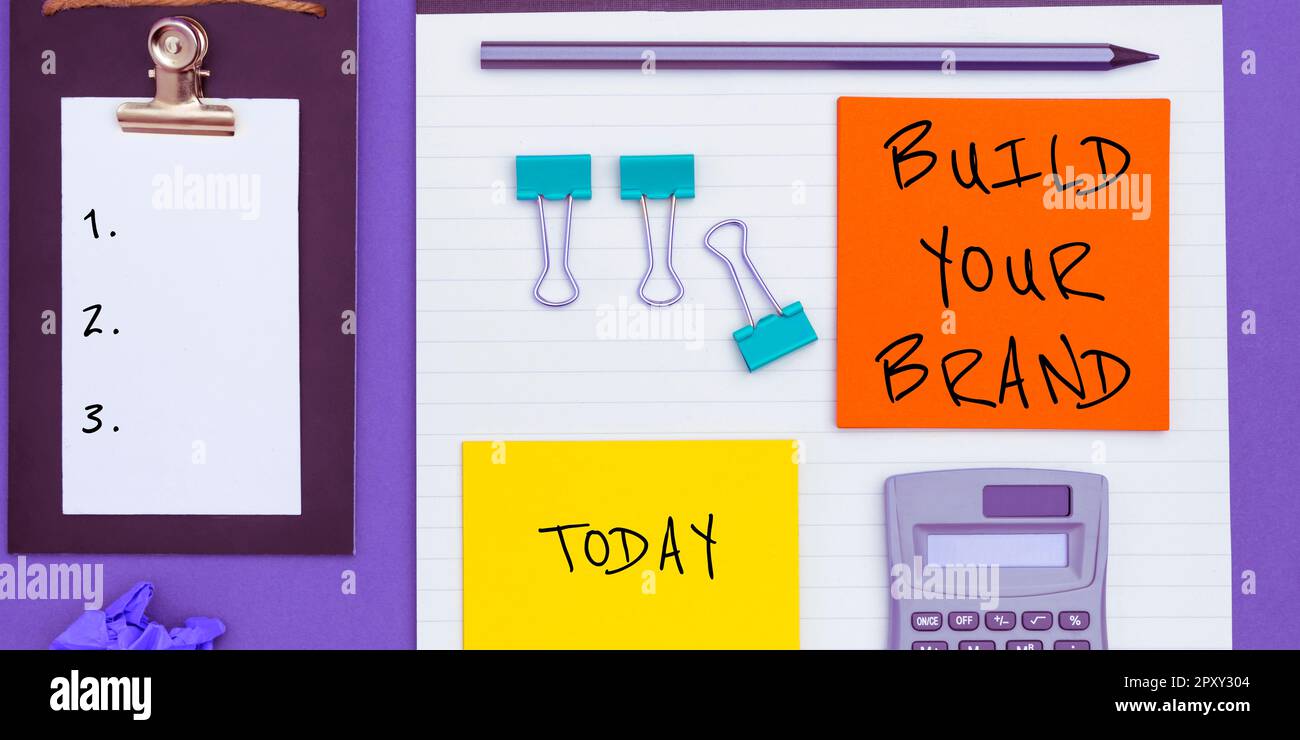 Affiche de texte montrant construire votre marque, vue d'ensemble d'entreprise faire une identité commerciale Publicité de marketing Banque D'Images