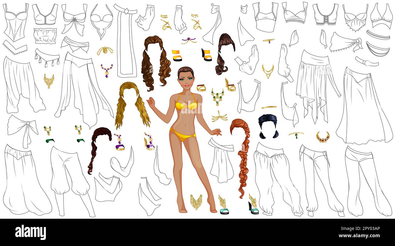 Poupée en papier à colorier Perse Princess avec vêtements, coiffures et accessoires. Illustration vectorielle Illustration de Vecteur