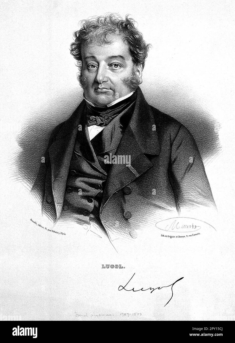 Jean Guillaume Auguste Lugol, 1786 – 1851 ans, était médecin français, lithographie d'époque de Nicolas Eustache Maurin 1800s Banque D'Images