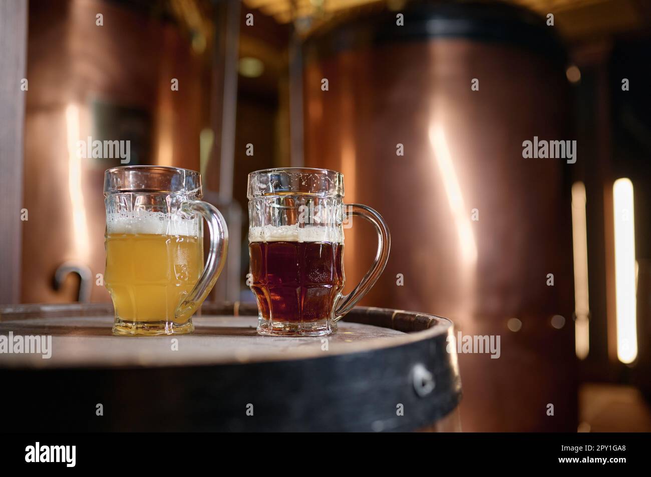 Bière artisanale légère et foncée fraîchement préparée dans une tasse en verre sur le fût. Concept de brasserie, petite entreprise Banque D'Images