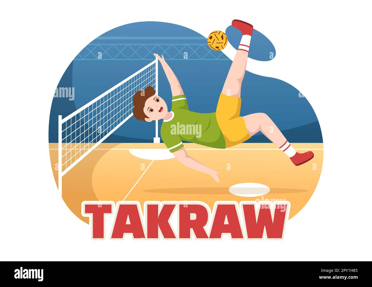 Sepak TakRAW Illustration avec un athlète jouant au Kick ball sur le terrain en compétition de jeu de sport à plat dessin main pour le modèle de page d'arrivée Banque D'Images