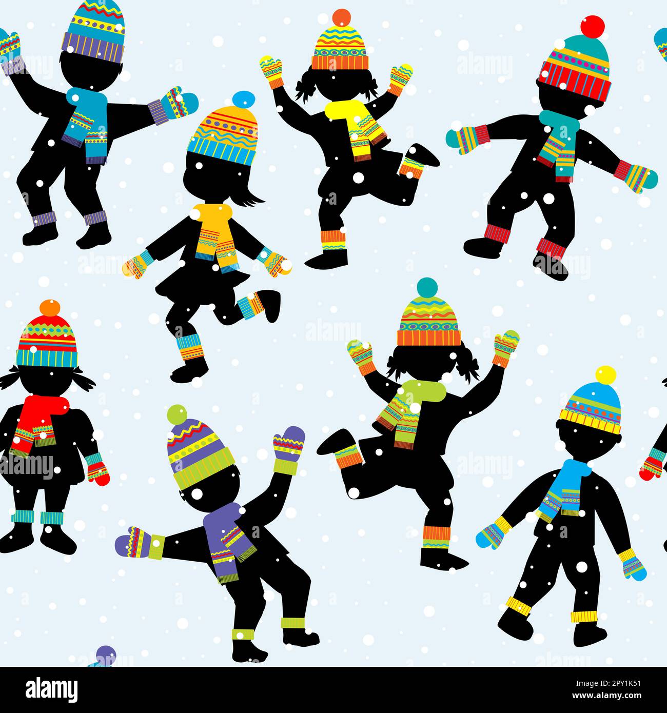 Motif sans couture avec silhouettes pour enfants pour s'amuser dans les vêtements d'hiver par temps froid Banque D'Images