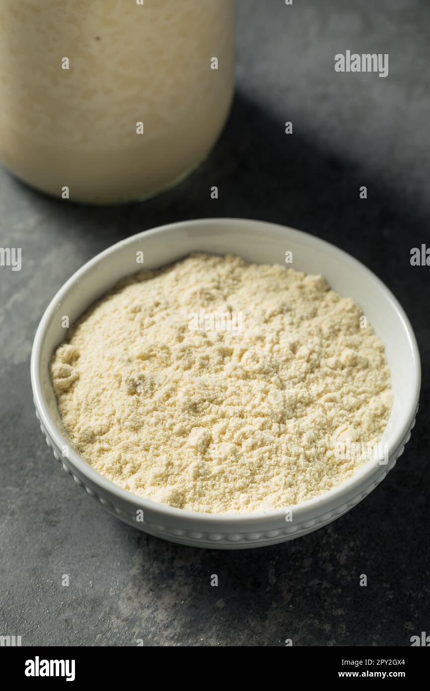 Poudre de protéine de lactosérum de vanille saine biologique dans une pelle Banque D'Images