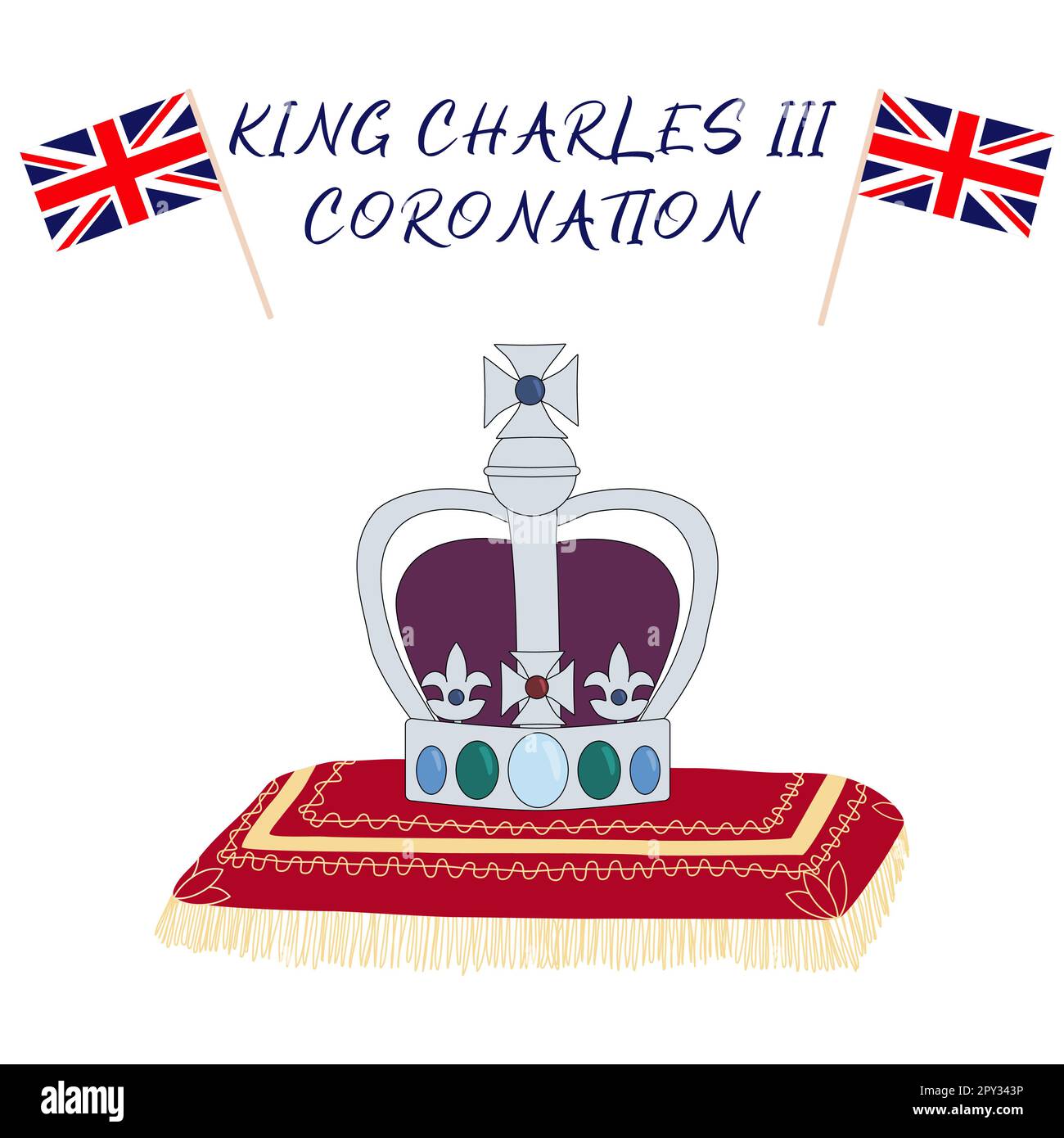 Affiche pour le couronnement du roi Charles III avec drapeaux britanniques et couronne sur l'oreiller, carte de voeux pour célébrer un couronnement du prince Charles de Galles devient roi d'Angleterre, illustration vectorielle Illustration de Vecteur