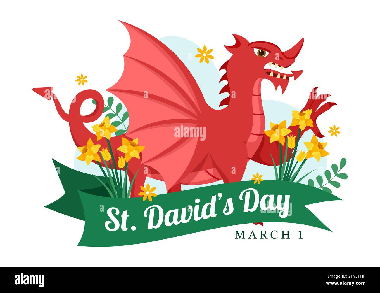 Bonne Saint-David sur l'illustration 1 mars avec Dragons gallois et jonquilles jaunes pour la page d'arrivée dans des modèles dessinés à la main de dessin animé à plat Banque D'Images