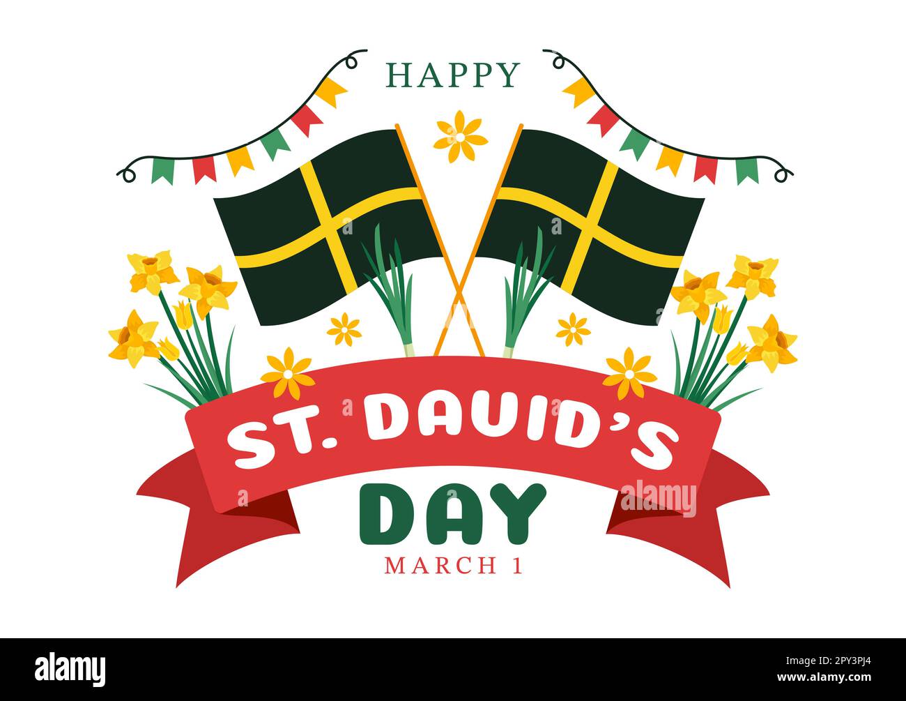 Bonne Saint-David sur l'illustration 1 mars avec Dragons gallois et jonquilles jaunes pour la page d'arrivée dans des modèles dessinés à la main de dessin animé à plat Banque D'Images