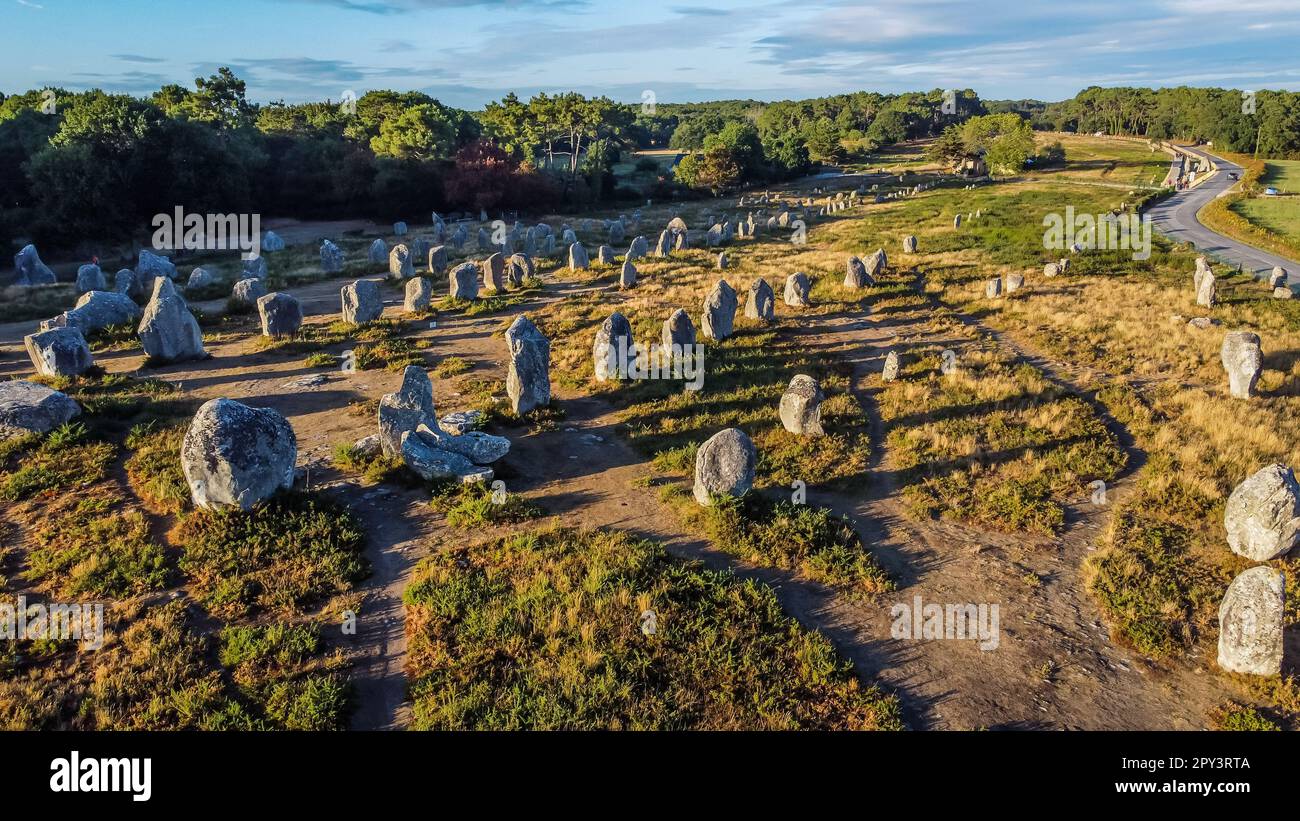 Vue aérienne des alignements de pierre de Carnac de Kermario à Morbihan, France - menhirs et mégaliths préhistoriques en rangées en Bretagne Banque D'Images