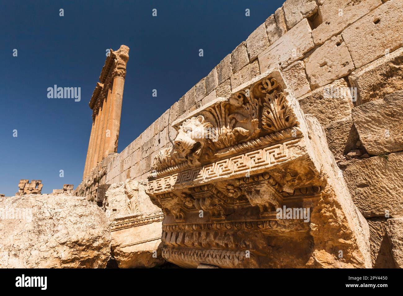 Baalbek, Temple de Jupiter, plus grand temple romain, découpage de la tête du Lion, vallée de la Bekaa, Baalbek, gouvernorat de Baalbek-Hermel, Liban, moyen-Orient, Asie Banque D'Images