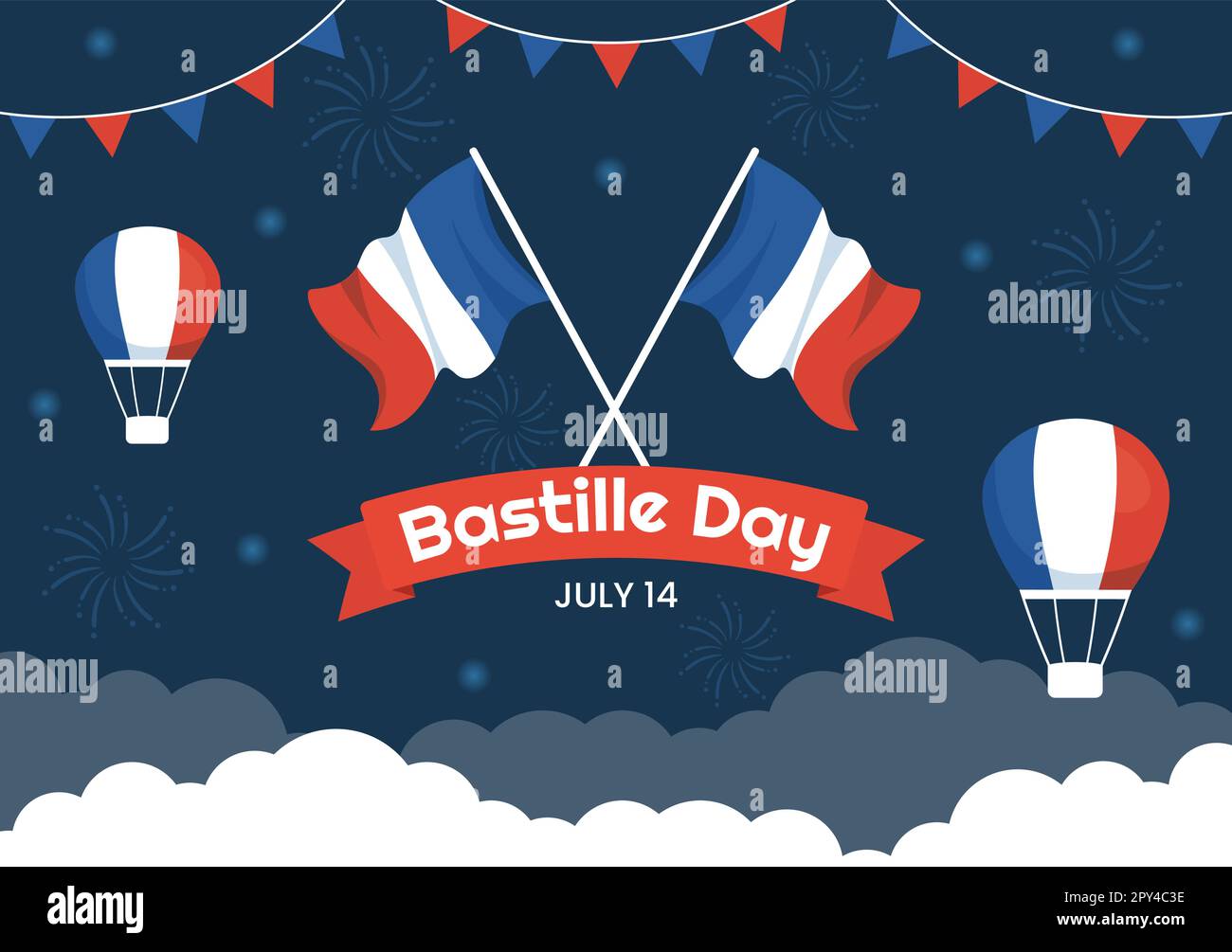 Bonne fête de la Bastille le 14 juillet Illustration vectorielle avec drapeau français et Tour Eiffel en dessin animé à la main pour les modèles de page d'arrivée Illustration de Vecteur