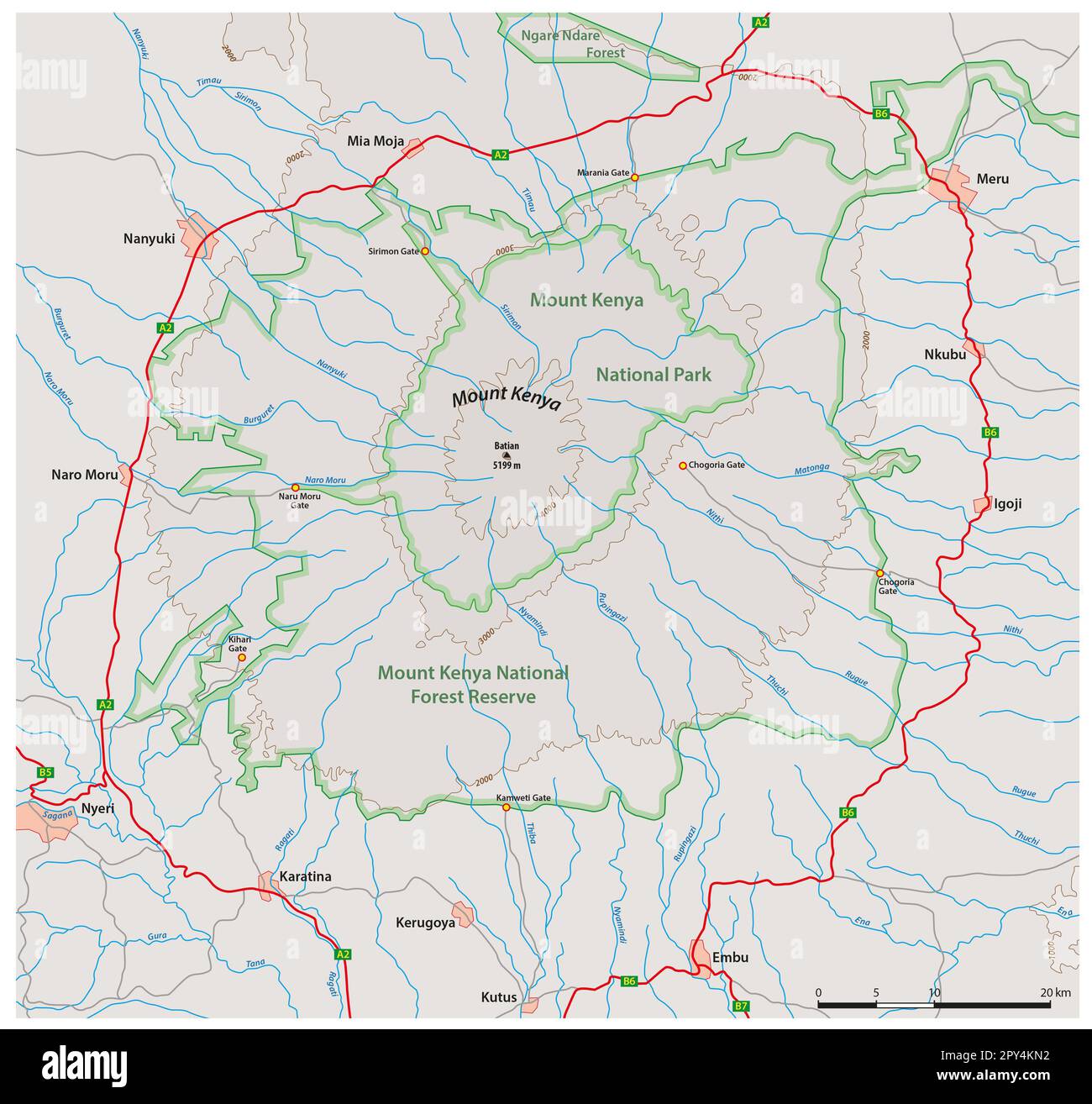 Carte vectorielle détaillée Parc national du Mont Kenya, Kenya Banque D'Images