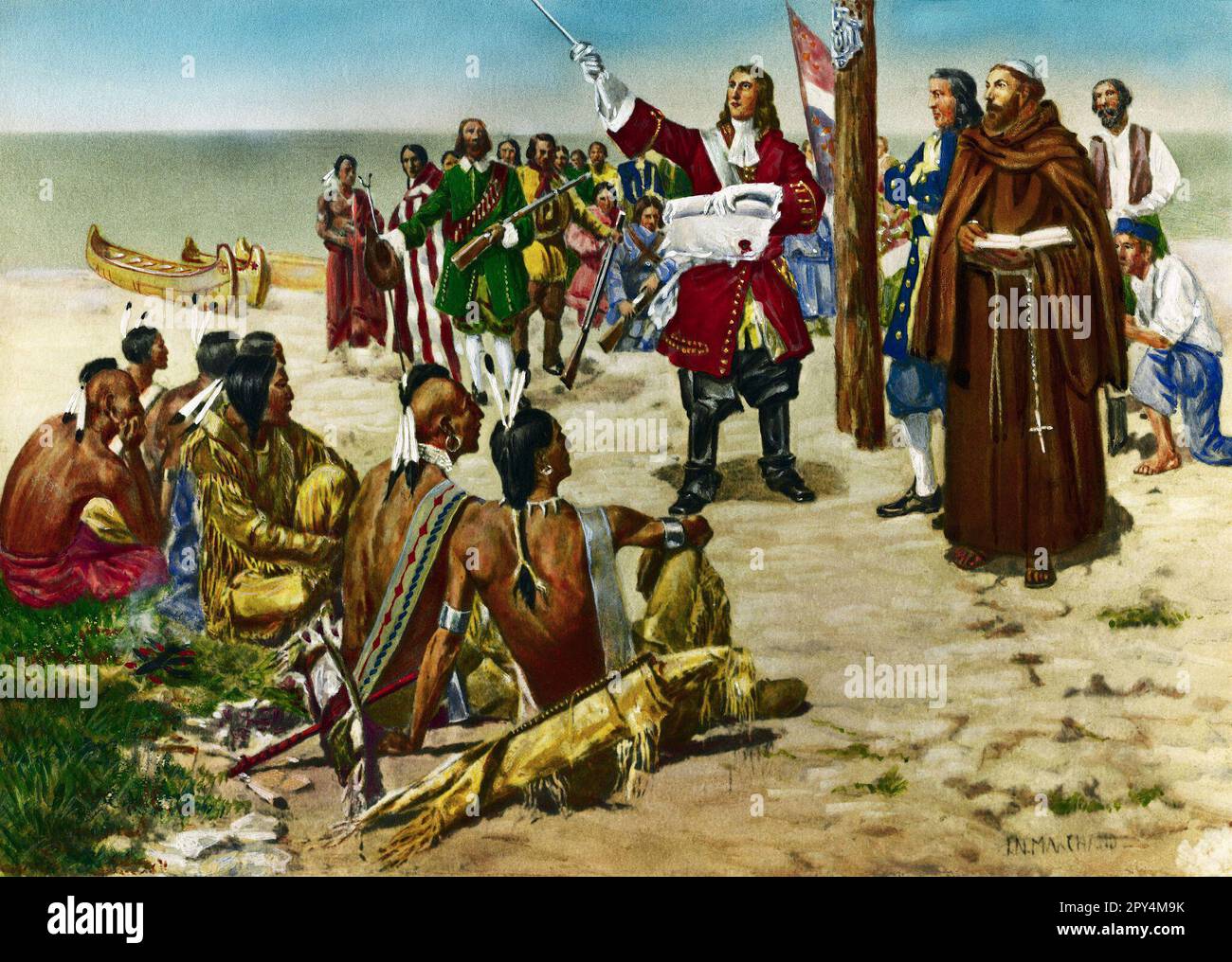 USA / France: René-Robert Cavelier, Sieur de la salle (1643 - 1687), explorateur français, plante une croix à l'embouchure du Mississippi et revendique la Louisiane pour la France, 9 avril 1682. Peinture de John Norval Marchand (1875 - 1921), 1900. René-Robert Cavelier, Sieur de la salle (seigneur du Manoir), était un explorateur et commerçant de fourrures du 17th siècle en Amérique du Nord. Banque D'Images