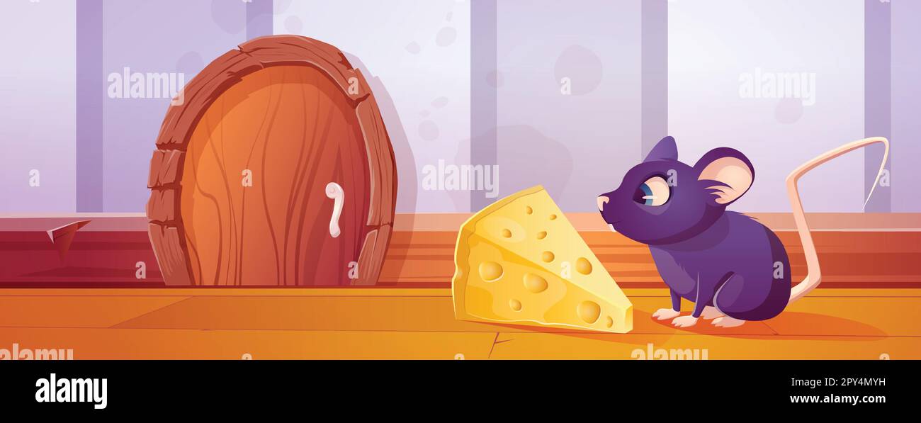 Petit rat près de la porte de trou de souris et de fromage leurre mignon dessin animé fond de jeu. Caché dans le mur fermé souris burrow aventure illustration. Entrée de l'appartement animal en plinthe en bois illustration panoramique Illustration de Vecteur