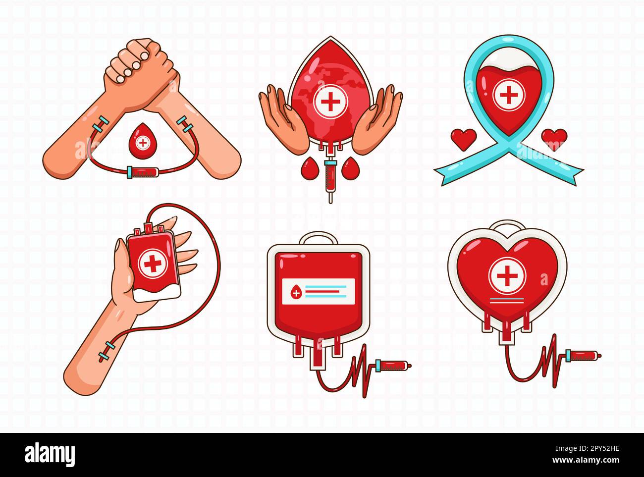 Jour du don de sang, illustration de l'icône du sac de sang, don de sang à la main et ruban santé. Adapté aux éléments de conception Illustration de Vecteur