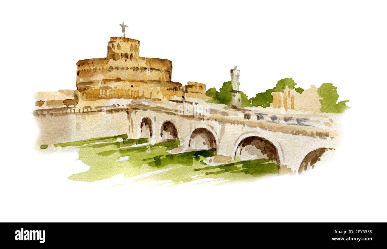 Illustration aquarelle de Rome, Italie, panorama dessiné à la main du Tibre, pont et ancienne forteresse isolée sur fond blanc. Banque D'Images