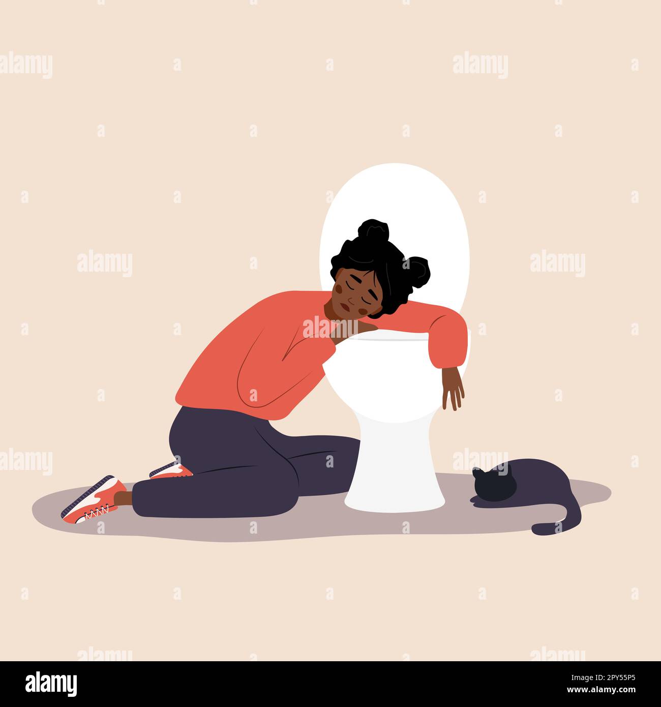 Troubles de l'alimentation. Une femme africaine malsaine assise sur le sol penchée sur les toilettes et sentant des nausées de la nourriture. Boulimie ou anorexie concept. Fille avec Illustration de Vecteur