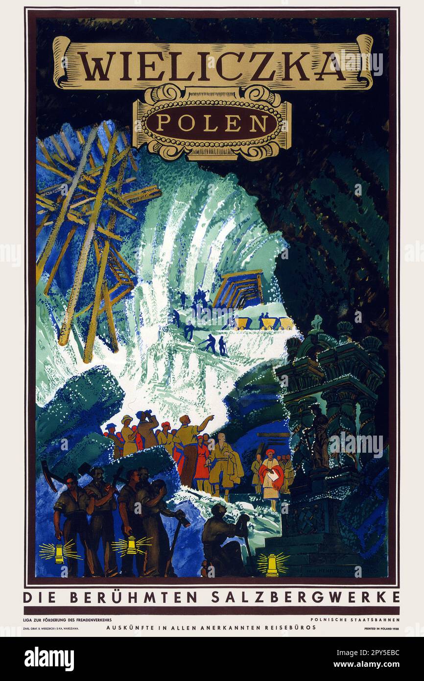 Wieliczka, Polen. Die berühmten Salzbergwerke de Henryk Uziembo (1879-1949). Affiche publiée en 1938 en Pologne. Banque D'Images