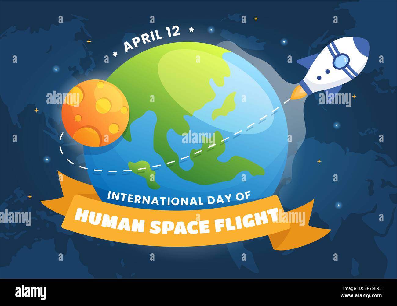 Journée internationale du vol spatial humain sur l'illustration 12 avril avec l'astronaute Rocket et Kids en dessin animé à la main pour les modèles de page d'arrivée Banque D'Images