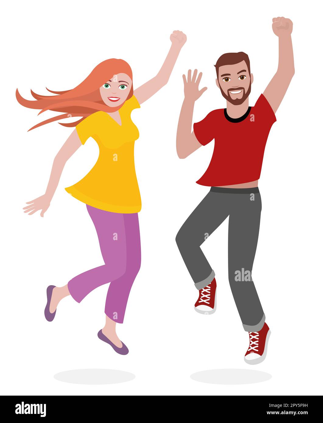 Joyeux, jeune, fin, sportif amour couple dans une tenue tendance. Sautant homme barbu et femme à tête rouge, souriant et levant les bras. Bande dessinée. Banque D'Images