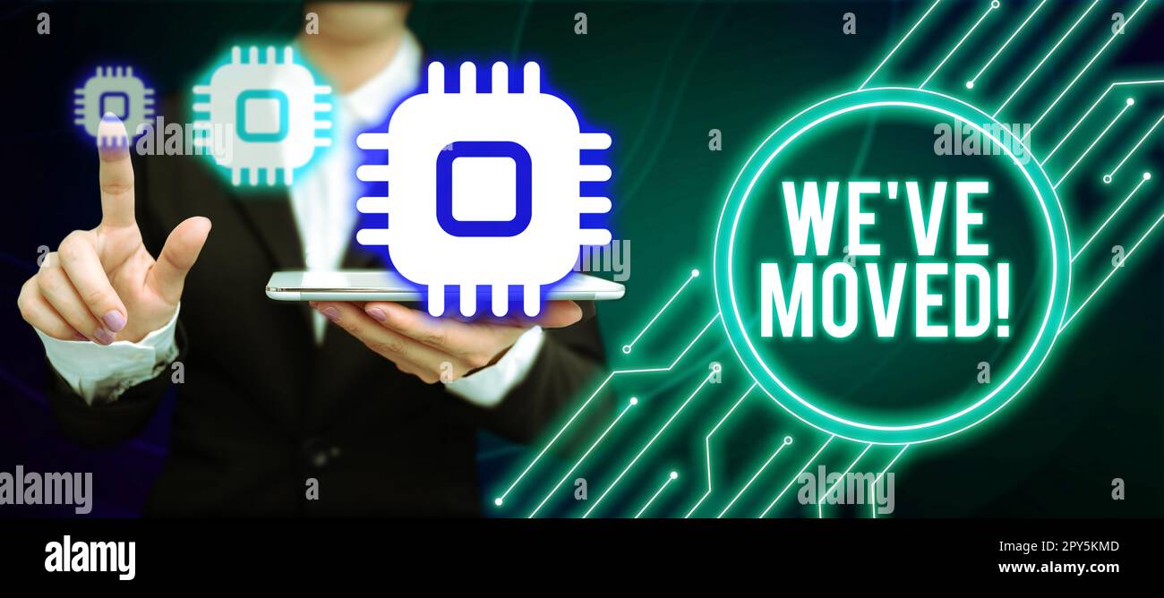 Signe d'écriture manuelle nous avons déplacé. Concept d'entreprise qui va vivre à partir d'un autre pays ou d'un pays différent Banque D'Images