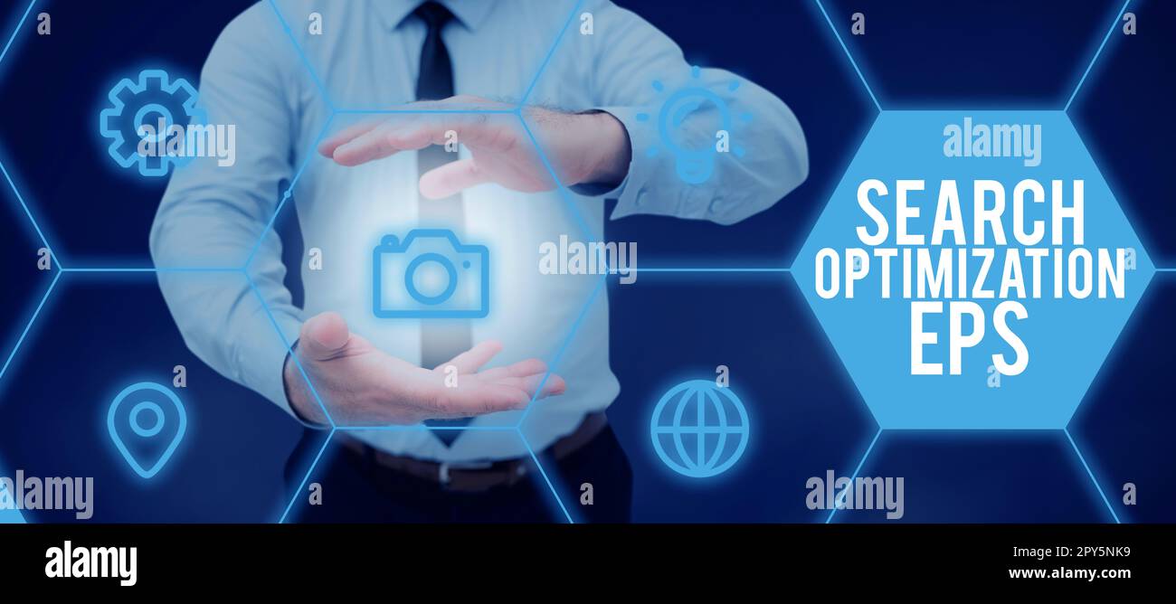 Affiche l'EPS d'optimisation de recherche. Concept signifiant l'acte ou le processus de recherche de quelqu'un ou de quelque chose Banque D'Images