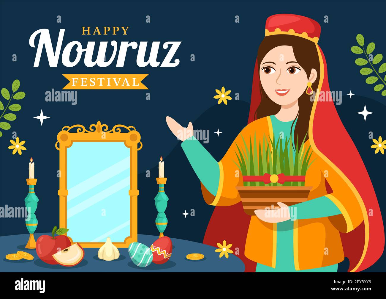 Happy Nowruz Day ou illustration iranienne du nouvel an avec Grass Semeni et Fish for Web Banner ou Landing page dans Flat Cartoon modèles dessinés à la main Banque D'Images