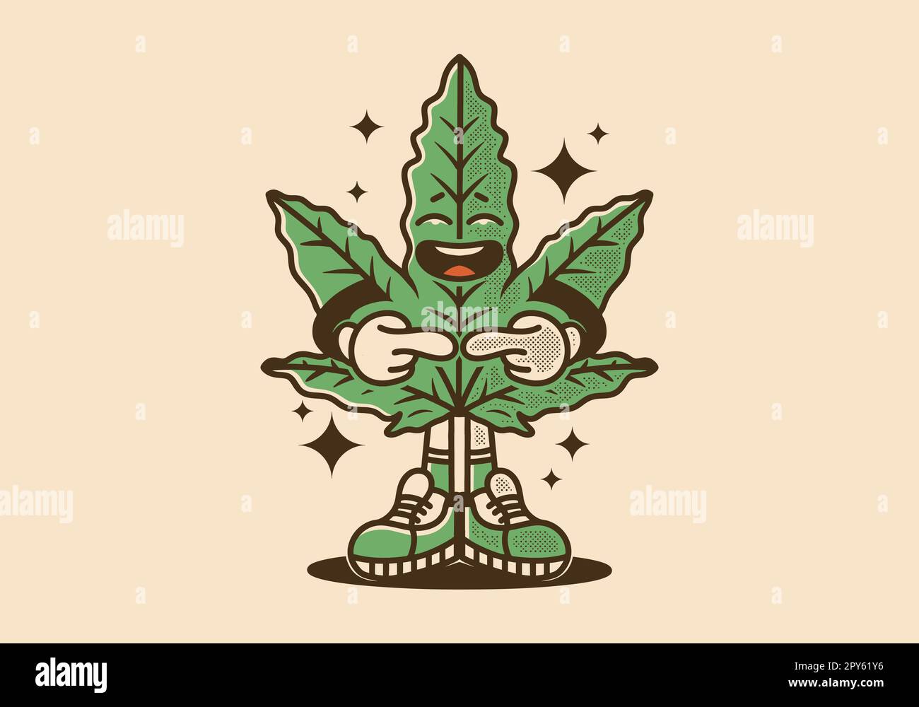 Motif feuilles de marijuana à l'expression timide dans un style vintage Illustration de Vecteur