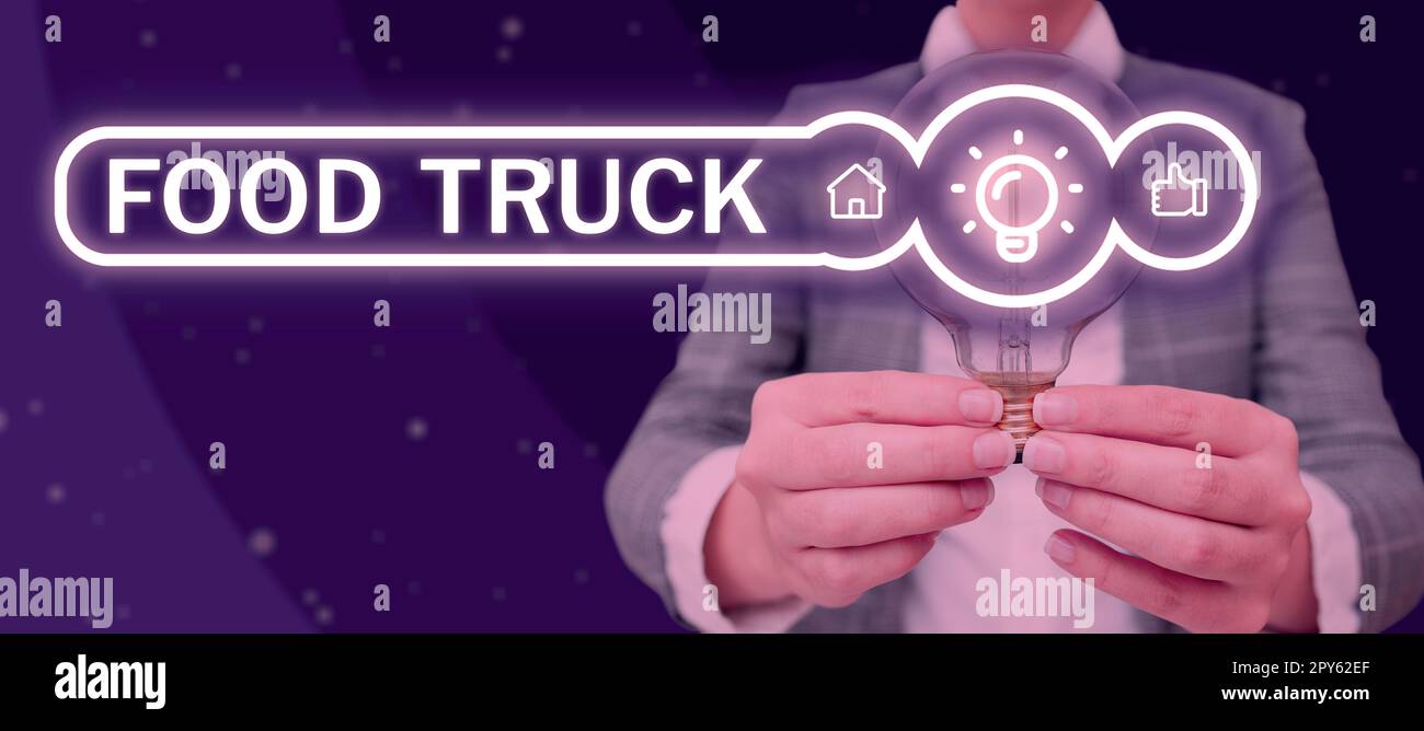 Légende conceptuelle chariot alimentaire. Les affaires présentent un grand véhicule avec des installations pour la cuisine et la vente de nourriture Banque D'Images