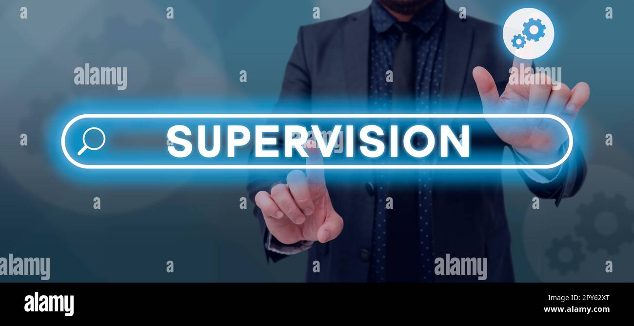 Affiche textuelle indiquant supervision. Surveillance et coordination des activités de l'usine Banque D'Images