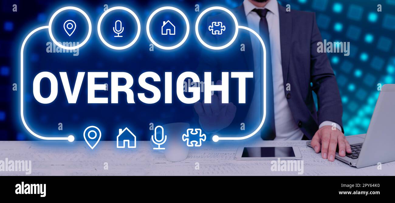 Légende de la présentation du système de surveillance. Business idée Watch organiser le travail pour s'assurer qu'il est fait correctement Banque D'Images