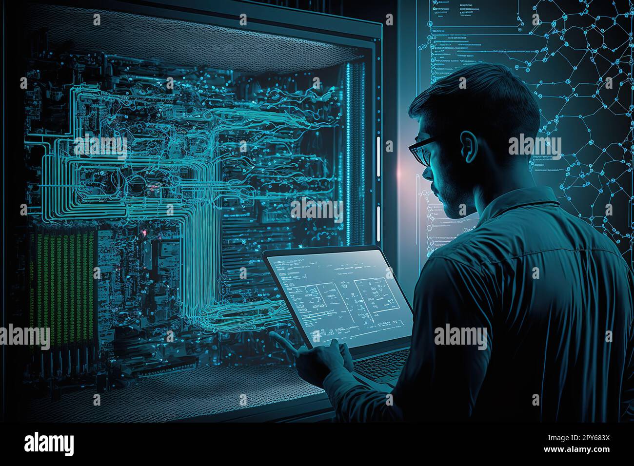 Ingénieur informatique travaillant sur un ordinateur portable avec une salle de serveurs, un centre de données et un stockage de Big Data en arrière-plan. Banque D'Images