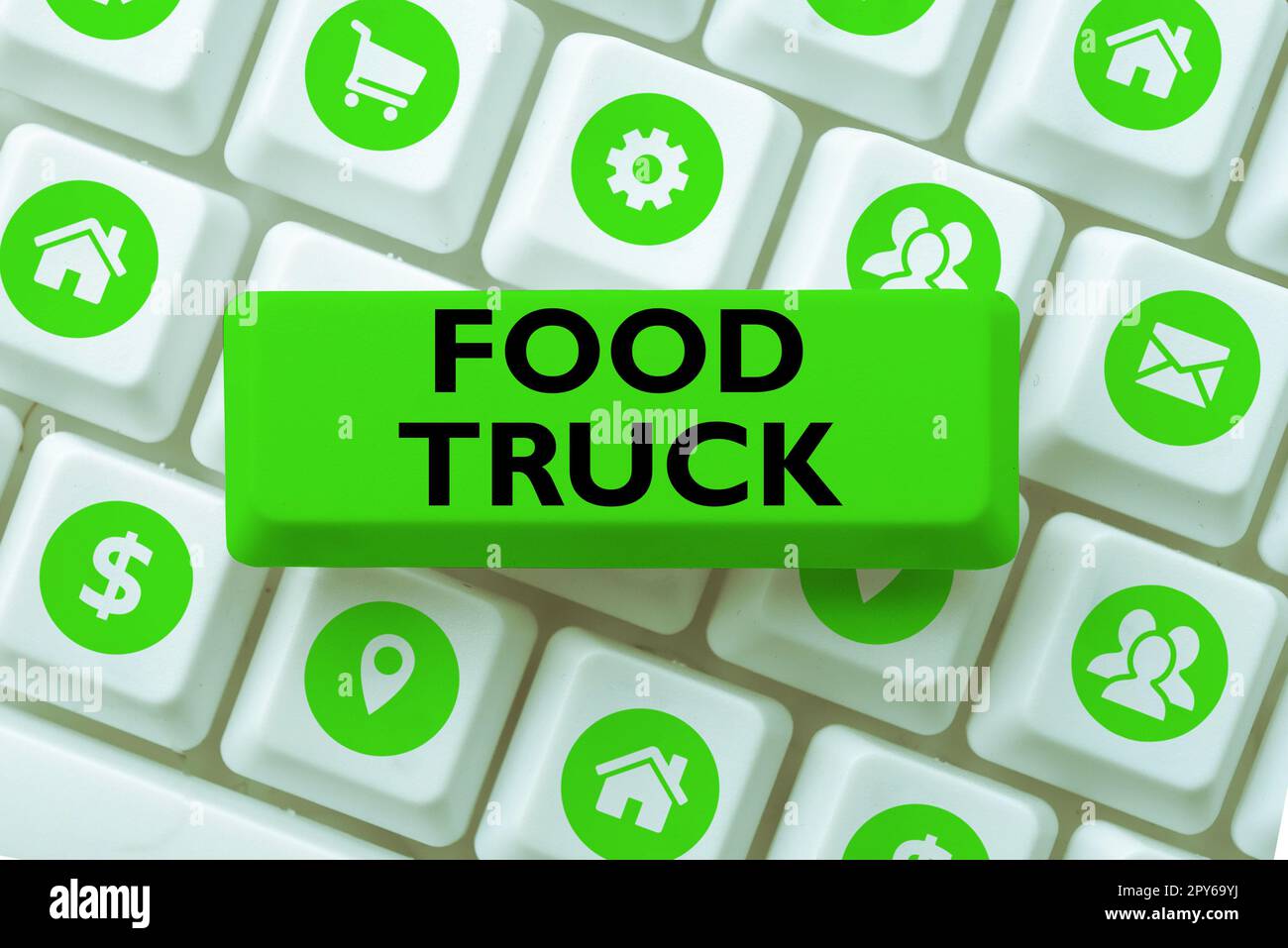 Légende conceptuelle chariot alimentaire. Approche commerciale un grand véhicule avec des installations pour la cuisine et la vente de nourriture Banque D'Images