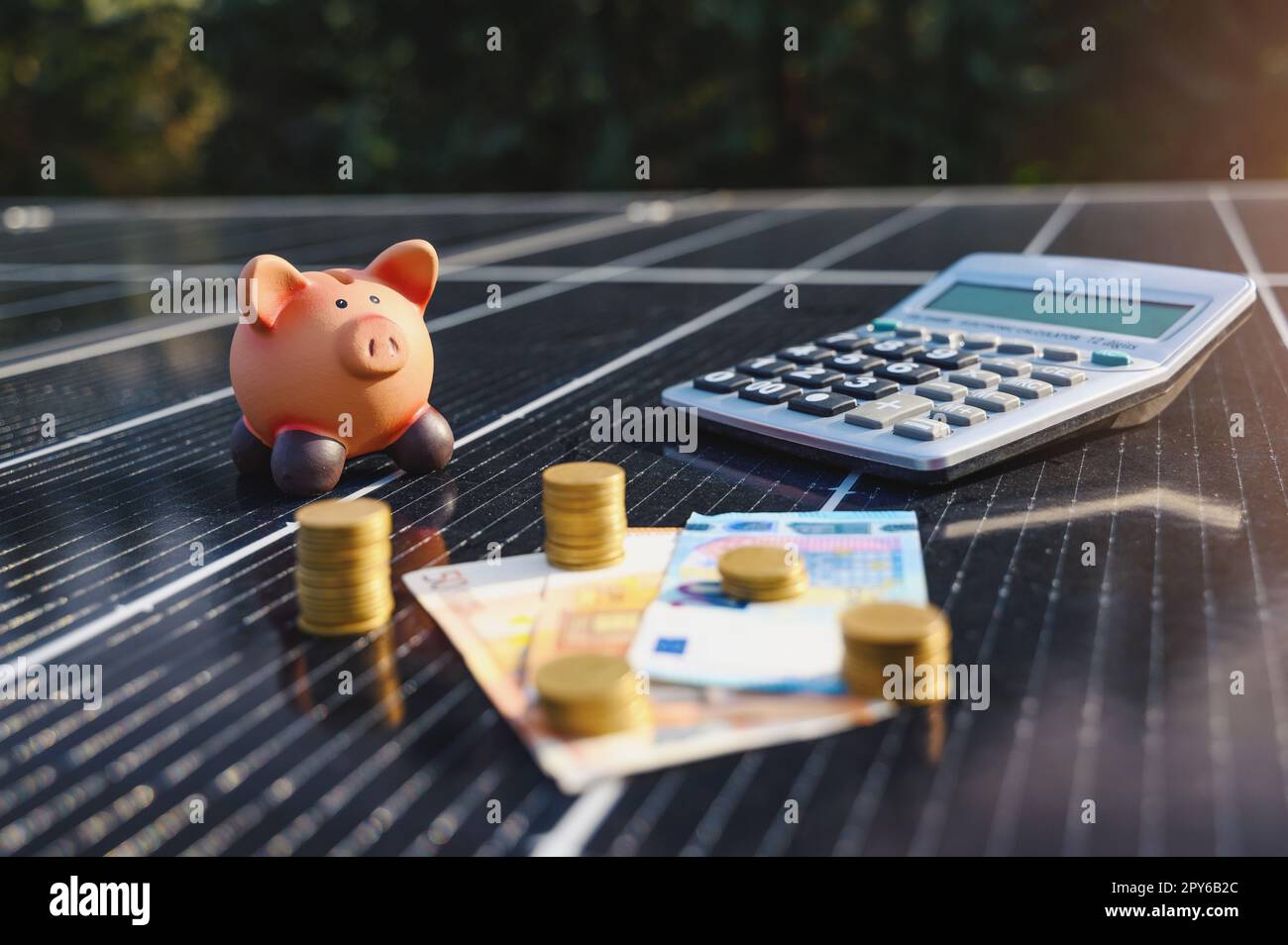 Argent économisé en utilisant l'énergie avec le panneau solaire sur le toit Banque D'Images