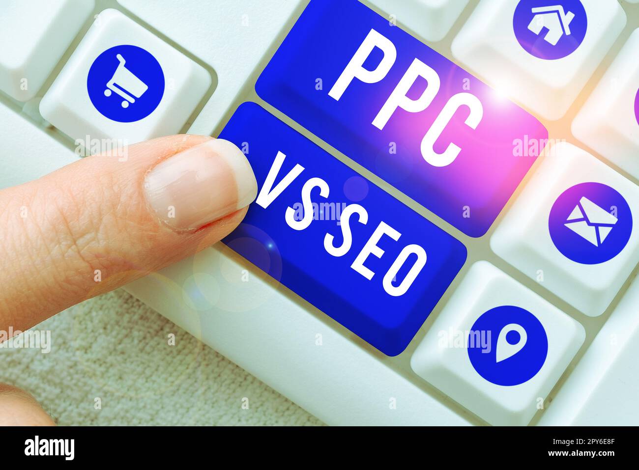 Affiche montrant PPC vs Seo. Approche d'affaires payer par clic par rapport aux stratégies d'optimisation de Search Engine Banque D'Images